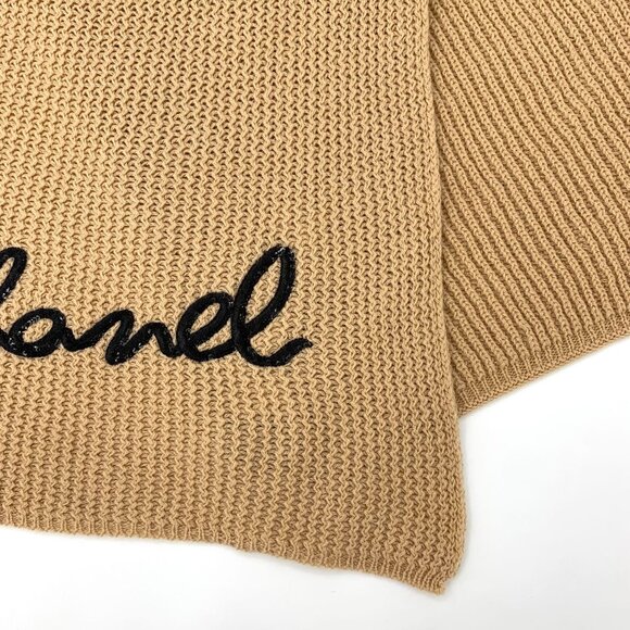 Chanel Brown Cashmere Knitted Scarf With Black Sequin Logo Embroidery 200 X 35cm - Picture 8 of 9